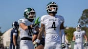 Manteca's Quinn Martinez (4) and Micah Cardoza (16) are all fired up during a big 15-14 win at North Coast Section power Marin Catholic on Sept. 13. Manteca (8-0) moved into the High School On SI Top 25 California football rankings this week. 