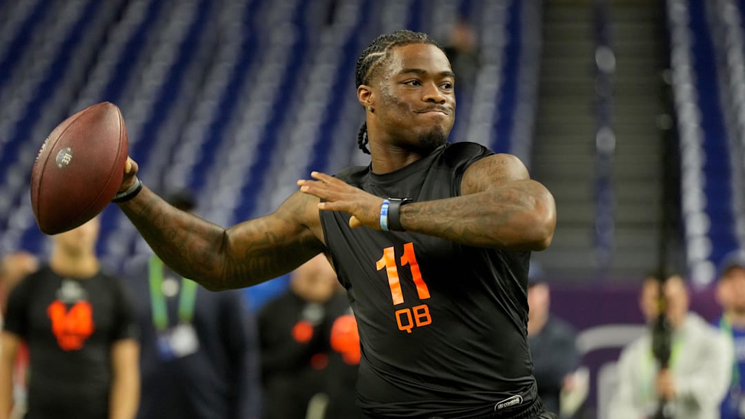 Mar 1, 2025; Indianapolis, IN, USA; Alabama quarterback Jalen Milroe (QB11) during the 2025 NFL Combine at Lucas Oil Stadium. Mandatory Credit: Kirby Lee-Imagn Images