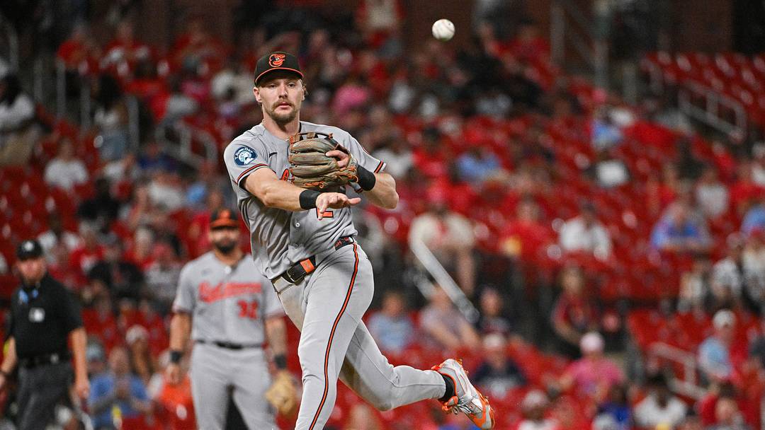 Aug 26, 2026; St. Louis, Missouri, USA; Baltimore Orioles shortstop Gunnar Henderson (2) throws on the run against the St. Louis Cardinals during the fifth inning at Busch Stadium. Mandatory Credit: Jeff Curry-Imagn Images