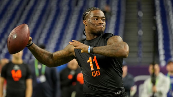 Mar 1, 2025; Indianapolis, IN, USA; Alabama quarterback Jalen Milroe (QB11) during the 2025 NFL Combine at Lucas Oil Stadium. Mandatory Credit: Kirby Lee-Imagn Images