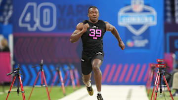Feb 28, 2025; Indianapolis, IN, USA;  Nevada defensive back Kitan Crawford (DB39) runs in the 40 yard dash during the 2025 NFL Combine at Lucas Oil Stadium. Mandatory Credit: Kirby Lee-Imagn Images