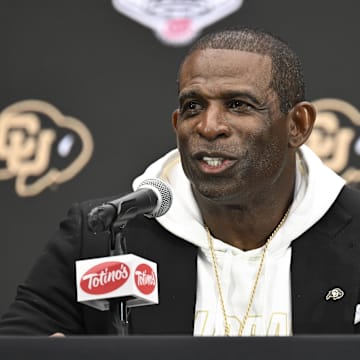 Jul 10, 2024; Las Vegas, NV, USA; Colorado Buffaloes head coach Deion Sanders speaks to the media during the Big 12 Media Days at Allegiant Stadium. Mandatory Credit: Candice Ward-Imagn Images