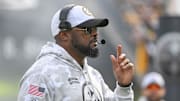 Nov 17, 2024; Pittsburgh, Pennsylvania, USA; Pittsburgh Steelers head coach Mike Tomlin reacts during a game against the Baltimore Ravens at Acrisure Stadium. Mandatory Credit: Barry Reeger-Imagn Images