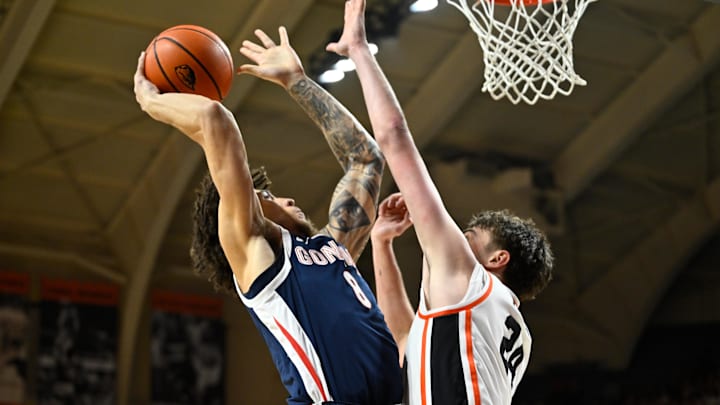 Feb 7, 2026; Corvallis, Oregon, USA; Gonzaga Bulldogs guard Jalen Warley (8) shoots the ball against defense by Oregon State Beavers forward Johan Munch (24) during the first half at Gill Coliseum. Mandatory Credit: Craig Strobeck-Imagn Images