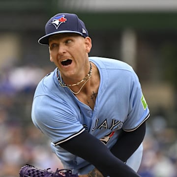 Aug 18, 2024; Chicago, Illinois, USA; Toronto Blue Jays pitcher Bowden Francis (44) delivers against the Chicago Cubs during the first inning at Wrigley Field.