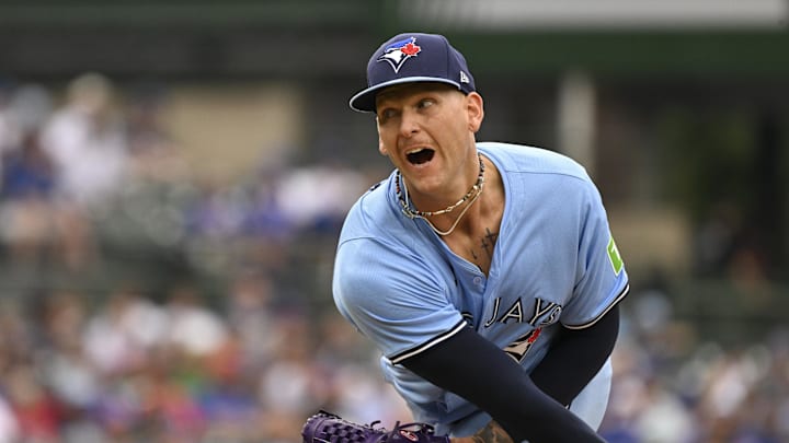 Aug 18, 2024; Chicago, Illinois, USA; Toronto Blue Jays pitcher Bowden Francis (44) delivers against the Chicago Cubs during the first inning at Wrigley Field.