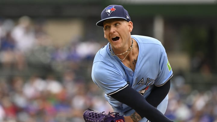 Aug 18, 2024; Chicago, Illinois, USA; Toronto Blue Jays pitcher Bowden Francis (44) delivers against the Chicago Cubs during the first inning at Wrigley Field. Mandatory Credit: Matt Marton-USA TODAY Sports