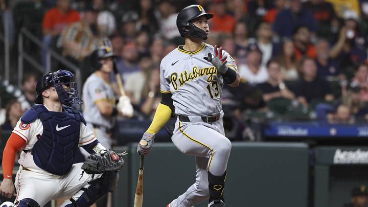Jun 2, 2026; Houston, Texas, USA; Pittsburgh Pirates catcher Endy Rodriguez (13) hits a home run during the second inning against the Houston Astros at Daikin Park. Mandatory Credit: Troy Taormina-Imagn Images