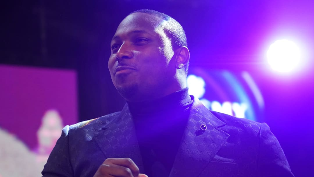 Feb 9, 2024; Las Vegas, NV, USA; Former running back LeSean McCoy speaks during the Legends NFL Party. Mandatory Credit: Joe Camporeale-Imagn Images