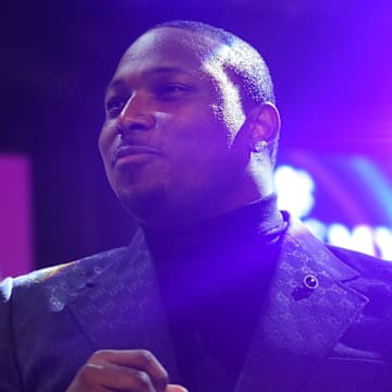 Feb 9, 2024; Las Vegas, NV, USA; Former running back LeSean McCoy speaks during the Legends NFL Party. Mandatory Credit: Joe Camporeale-Imagn Images