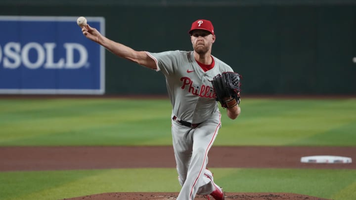 Aug 9, 2024; Phoenix, Arizona, USA; Philadelphia Phillies pitcher Zack Wheeler (45) throws against the Arizona Diamondbacks in the first inning at Chase Field.