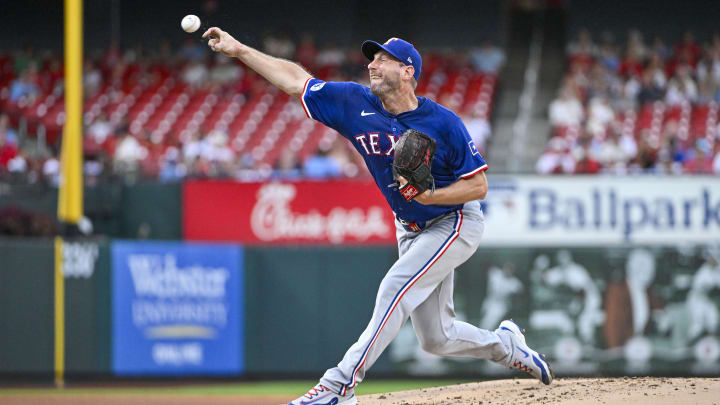 Jul 30, 2024; St. Louis, Missouri, USA;  Texas Rangers starting pitcher Max Scherzer (31) pitches against the St. Louis Cardinals during the first inning at Busch Stadium. 