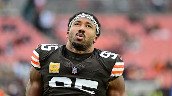 Nov 16, 2025; Cleveland, Ohio, USA; Cleveland Browns defensive end Myles Garrett (95) warms up before a game against the Baltimore Ravens at Huntington Bank Field. Mandatory Credit: Ken Blaze-Imagn Images