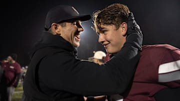 New York Giants General Manager Joe Schoen congratulates his son Carson Schoen (17) after their 31-17 victory during Non-Public, Group A semifinal football game between Don Bosco and Bergen Catholic at Granatell Stadium in Ramsey on Friday, Nov. 21, 2025. Don Bosco moves on to play a state championship game at MetLife Stadium.