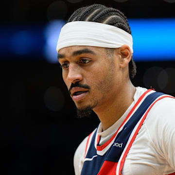 Mar 21, 2025; Washington, District of Columbia, USA; Washington Wizards guard Jordan Poole (13) looks on during the first quarter against the Orlando Magic at Capital One Arena. Mandatory Credit: Reggie Hildred-Imagn Images