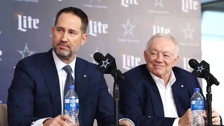 Dallas Cowboys Head Coach Brian Schottenheimer and owner Jerry Jones speak to the media at a press conference at the Star. 