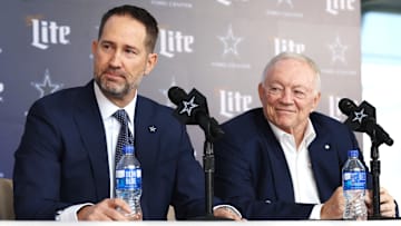 Dallas Cowboys Head Coach Brian Schottenheimer and owner Jerry Jones speak to the media at a press conference at the Star. 