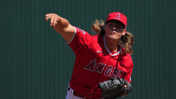 Mar 3, 2024; Tempe, Arizona, USA; Los Angeles Angels pitcher Caden Dana (91) pitches against the Chicago White Sox during the first inning at Tempe Diablo Stadium. Mandatory Credit: Joe Camporeale-USA TODAY Sports