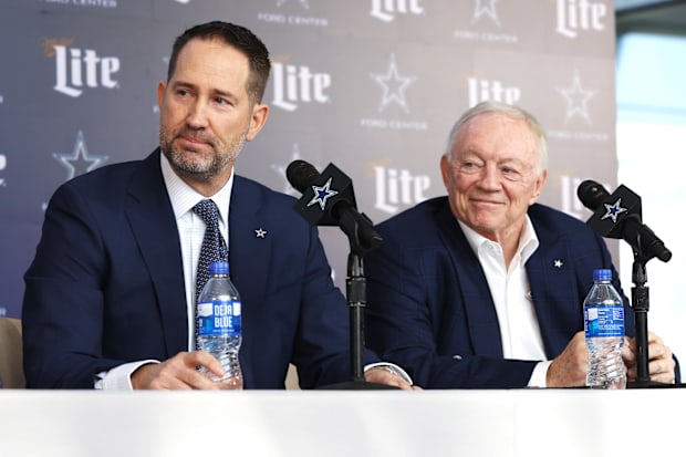 Dallas Cowboys Head Coach Brian Schottenheimer and owner Jerry Jones speak to the media at a press conference at the Star. 