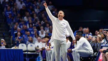 Mar 4, 2025; Lexington, Kentucky, USA; LSU Tigers head coach Matt McMahon yells to his players during the first half against the Kentucky Wildcats at Rupp Arena at Central Bank Center. Mandatory Credit: Jordan Prather-Imagn Images