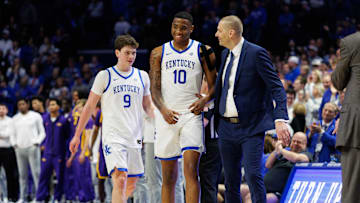 Mar 4, 2025; Lexington, Kentucky, USA; Kentucky Wildcats head coach Mark Pope talks with forward Brandon Garrison (10) as he exits the game during the second half LSU Tigers at Rupp Arena at Central Bank Center. Mandatory Credit: Jordan Prather-Imagn Images