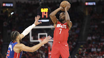 Oct 24, 2025; Houston, Texas, USA; Houston Rockets forward Kevin Durant (7) shoots the ball as Detroit Pistons guard Cade Cunningham (2) defends during the first quarter at Toyota Center. Mandatory Credit: Troy Taormina-Imagn Images