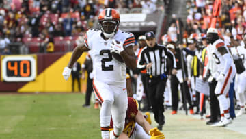 Jan 1, 2023; Landover, Maryland, USA; Cleveland Browns wide receiver Amari Cooper (2) scores a touchdown  against the Washington Commanders during the second half at FedExField. Mandatory Credit: Brad Mills-USA TODAY Sports