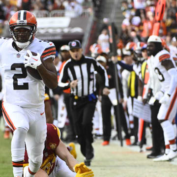 Jan 1, 2023; Landover, Maryland, USA; Cleveland Browns wide receiver Amari Cooper (2) scores a touchdown  against the Washington Commanders during the second half at FedExField. Mandatory Credit: Brad Mills-USA TODAY Sports