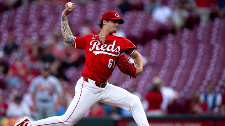 Cincinnati Reds pitcher Chase Petty delivers a pitch in the first inning of the MLB game between Cincinnati Reds and St. Louis Cardinals at Great American Ball Park in Cincinnati on Wednesday, April 30, 2025.
