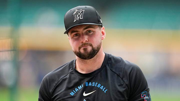 Jul 17, 2026; Milwaukee, Wisconsin, USA;  Miami Marlins catcher Liam Hicks (34) during batting practice prior to the game against the Milwaukee Brewers at American Family Field. Mandatory Credit: Jeff Hanisch-Imagn Images