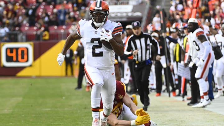 Jan 1, 2023; Landover, Maryland, USA; Cleveland Browns wide receiver Amari Cooper (2) scores a touchdown  against the Washington Commanders during the second half at FedExField. Mandatory Credit: Brad Mills-USA TODAY Sports