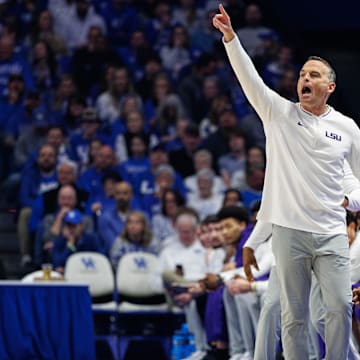 Mar 4, 2025; Lexington, Kentucky, USA; LSU Tigers head coach Matt McMahon yells to his players during the first half against the Kentucky Wildcats at Rupp Arena at Central Bank Center. Mandatory Credit: Jordan Prather-Imagn Images
