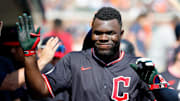 Sep 18, 2025; Detroit, Michigan, USA;  Cleveland Guardians outfielder Jhonkensy Noel (43) receives congratulations from teammates after he hits a home run in the fourth inning against the Detroit Tigers at Comerica Park. Mandatory Credit: Rick Osentoski-Imagn Images