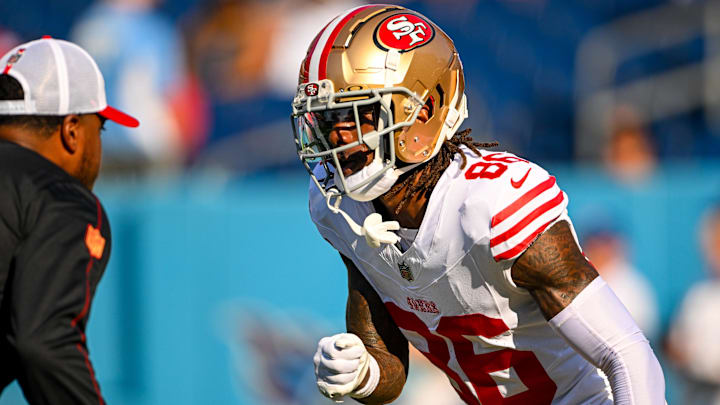 Aug 10, 2024; Nashville, Tennessee, USA;  San Francisco 49ers wide receiver Tay Martin (86) against the Tennessee Titans during the first half at Nissan Stadium. Mandatory Credit: Steve Roberts-Imagn Images