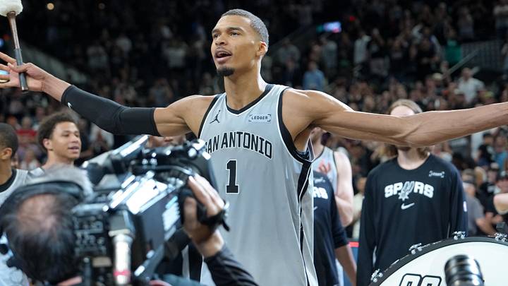 Mar 19, 2026; San Antonio, Texas, USA;  San Antonio Spurs forward Victor Wembanyama (1) celebrates after the game against the Phoenix Suns at Frost Bank Center. Mandatory Credit: Daniel Dunn-Imagn Images