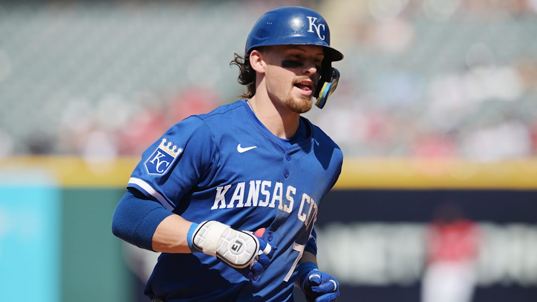 Aug 26, 2024; Cleveland, Ohio, USA; Kansas City Royals shortstop Bobby Witt Jr. (7) rounds the bases after hitting a home run during the eighth inning against the Cleveland Guardians at Progressive Field. Mandatory Credit: Ken Blaze-Imagn Images