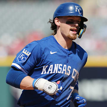 Aug 26, 2024; Cleveland, Ohio, USA; Kansas City Royals shortstop Bobby Witt Jr. (7) rounds the bases after hitting a home run during the eighth inning against the Cleveland Guardians at Progressive Field. Mandatory Credit: Ken Blaze-Imagn Images