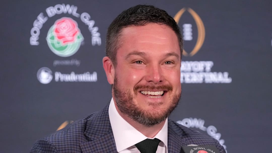 Dec 31, 2024; Los Angeles, California, USA; Oregon Ducks head coach Dan Lanning during the Rose Bowl head coaches press conference at Sheraton Grand LA. Mandatory Credit: Kirby Lee-Imagn Images