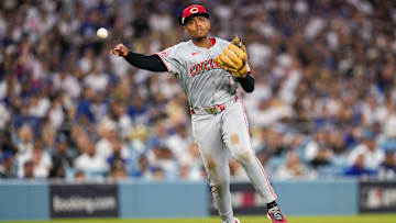 Cincinnati Reds third baseman third baseman Ke'Bryan Hayes plays a ground ball off the bat of Los Angeles Dodgers left fielder Enrique Hernandez (8) in the second inning of the MLB National League Wild Card Game 2 between the Los Angeles Dodgers and the Cincinnati Reds at Dodger Stadium in Los Angeles on Wednesday, Oct. 1, 2025. The Reds were eliminated from the postseason with an 8-4 loss to the reining World Series Champions La Dodgers.