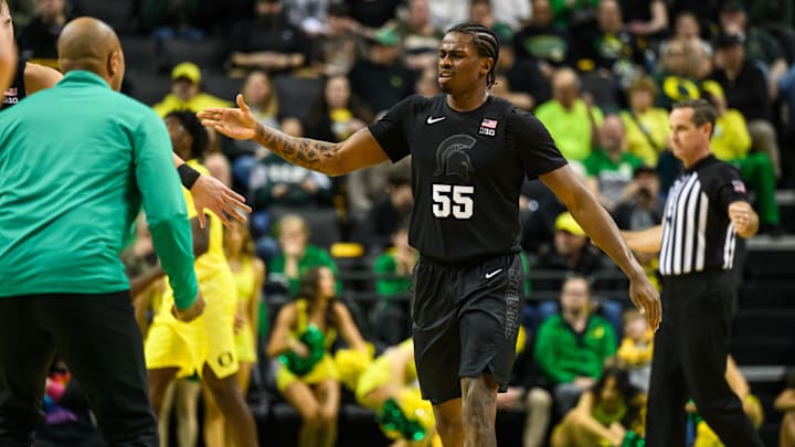 Jan 20, 2026; Eugene, Oregon, USA; Michigan State Spartans forward Coen Carr (55) heads for the bench after a called timeout by the Oregon Ducks during the second half at Matthew Knight Arena. Mandatory Credit: Craig Strobeck-Imagn Images