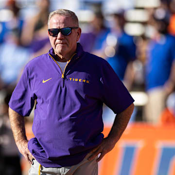 Nov 16, 2024; Gainesville, Florida, USA; LSU Tigers head coach Brian Kelly looks on before a game against the Florida Gators at Ben Hill Griffin Stadium. Mandatory Credit: Matt Pendleton-Imagn Images