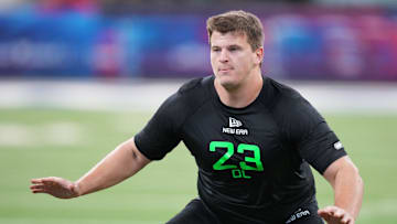 Mar 2, 2025; Indianapolis, IN, USA; Boston College offensive lineman Drew Kendall (OL23) during the 2025 NFL Combine at Lucas Oil Stadium. Mandatory Credit: Kirby Lee-Imagn Images
