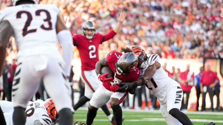 Tampa Bay Buccaneers running back Bucky Irving (7) breaks into the end zone for a touchdown in the first quarter of the NFL Preseason Week 1 game between the Cincinnati Bengals and the Tampa Bay Buccaneers at Paycor Stadium in downtown Cincinnati on Saturday, Aug. 10, 2024.