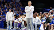Mar 4, 2025; Lexington, Kentucky, USA; LSU Tigers head coach Matt McMahon looks on during the first half against the Kentucky Wildcats at Rupp Arena at Central Bank Center. Mandatory Credit: Jordan Prather-Imagn Images