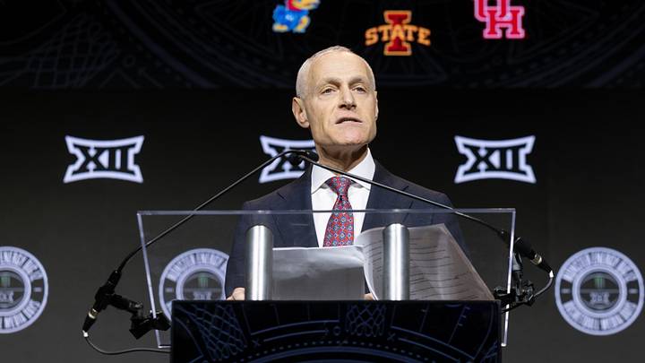 Oct 20, 2026; Kansas City, MO, USA;  Big 12 commissioner Brett Yormark speaks during the Big 12 Media Days event at T-Mobile Center.  Mandatory Credit: William Purnell-Imagn Images