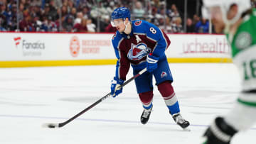 May 17, 2024; Denver, Colorado, USA; Colorado Avalanche defenseman Cale Makar (8) during a second period power play against the Dallas Stars in game six of the second round of the 2024 Stanley Cup Playoffs at Ball Arena. Mandatory Credit: Ron Chenoy-USA TODAY Sports