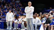 Mar 4, 2025; Lexington, Kentucky, USA; LSU Tigers head coach Matt McMahon looks on during the first half against the Kentucky Wildcats at Rupp Arena at Central Bank Center. Mandatory Credit: Jordan Prather-Imagn Images