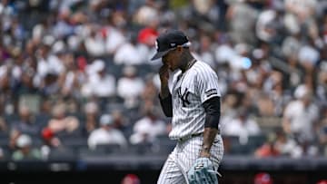 Jul 26, 2025; Bronx, New York, USA; New York Yankees pitcher Marcus Stroman (0) reacts after exiting the game against the Philadelphia Phillies during the fourth inning at Yankee Stadium. Mandatory Credit: John Jones-Imagn Images