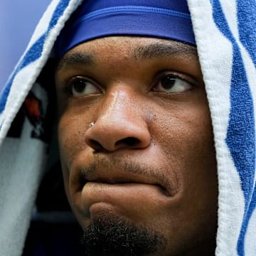 Indianapolis Colts quarterback Anthony Richardson (5) leaves the field Sunday, Sept. 8, 2024, after losing a game 29-27 to the Houston Texans at Lucas Oil Stadium in Indianapolis.