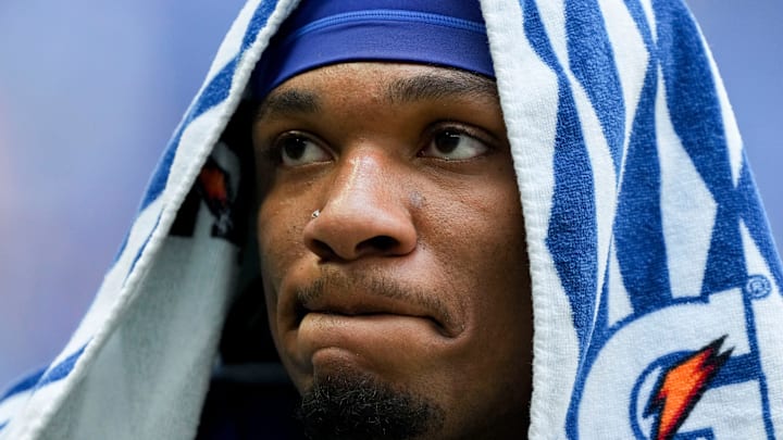 Indianapolis Colts quarterback Anthony Richardson (5) leaves the field Sunday, Sept. 8, 2024, after losing a game 29-27 to the Houston Texans at Lucas Oil Stadium in Indianapolis.